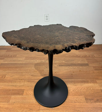 Walnut burl wood end table or accent table with tulip metal base