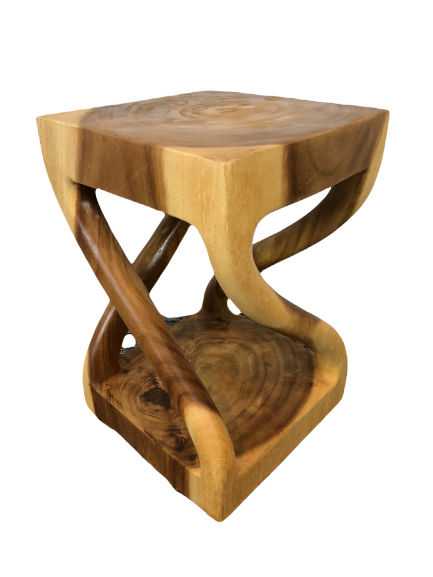 Acacia Wood Pillar Twist Stool 12 X 12 X 18 in Teak Oil, Side Table